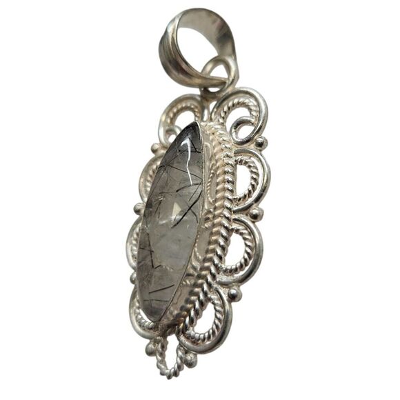 Vintage Rutilated Quartz Marquise Pendant 925 Sterling Silver Filigree - Picture 3 of 6
